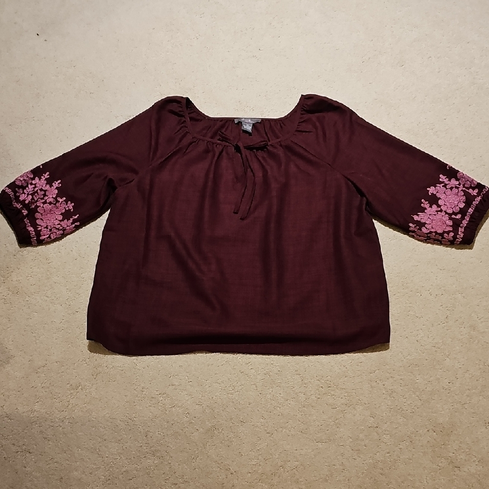 Women's Burgundy Top with Pink Embroidery
